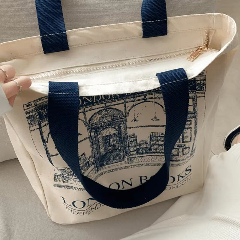 Large London Bookstore Canvas Tote Bag Stylish Womens Literary Shoulder Bag, Ideal for Book Lovers, Students, Everyday Shopping
