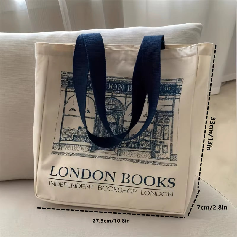 Large London Bookstore Canvas Tote Bag Stylish Womens Literary Shoulder Bag, Ideal for Book Lovers, Students, Everyday Shopping