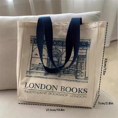 Large London Bookstore Canvas Tote Bag Stylish Womens Literary Shoulder Bag, Ideal for Book Lovers, Students, Everyday Shopping