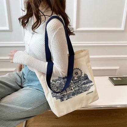 Large London Bookstore Canvas Tote Bag Stylish Womens Literary Shoulder Bag, Ideal for Book Lovers, Students, Everyday Shopping